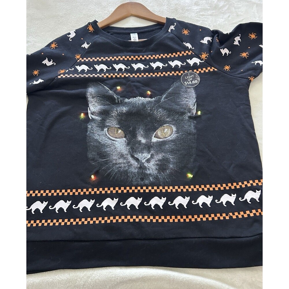 Black Cat Light Up Sweatshirt Womens XL 15-17 Halloween Cat Mom Graphic Pullover - Picture 9 of 9